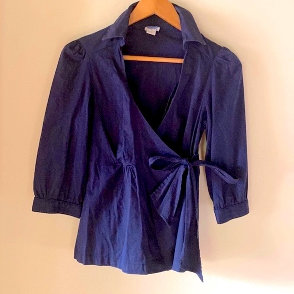 Anthropologie Odille blue wrap long sleeved wrap blouse